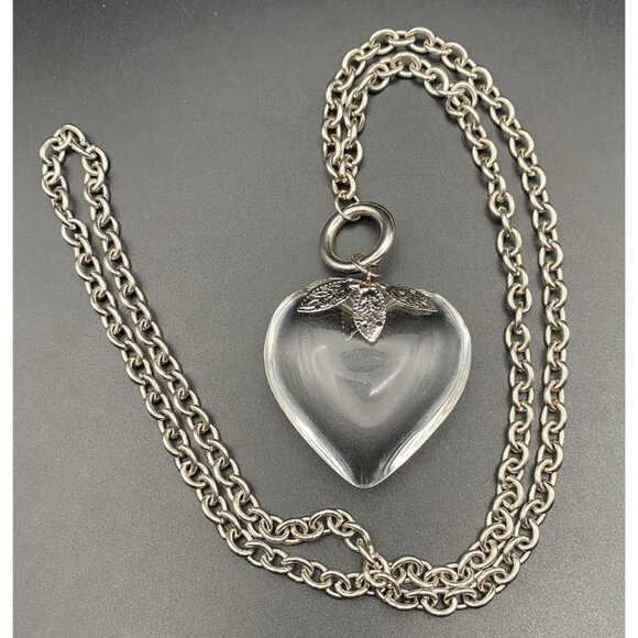 Unbranded Jewelry - Vintage Clear Lucite Heart Pendant Necklace Silver Tone Leaf Cap Chain Retro 70s